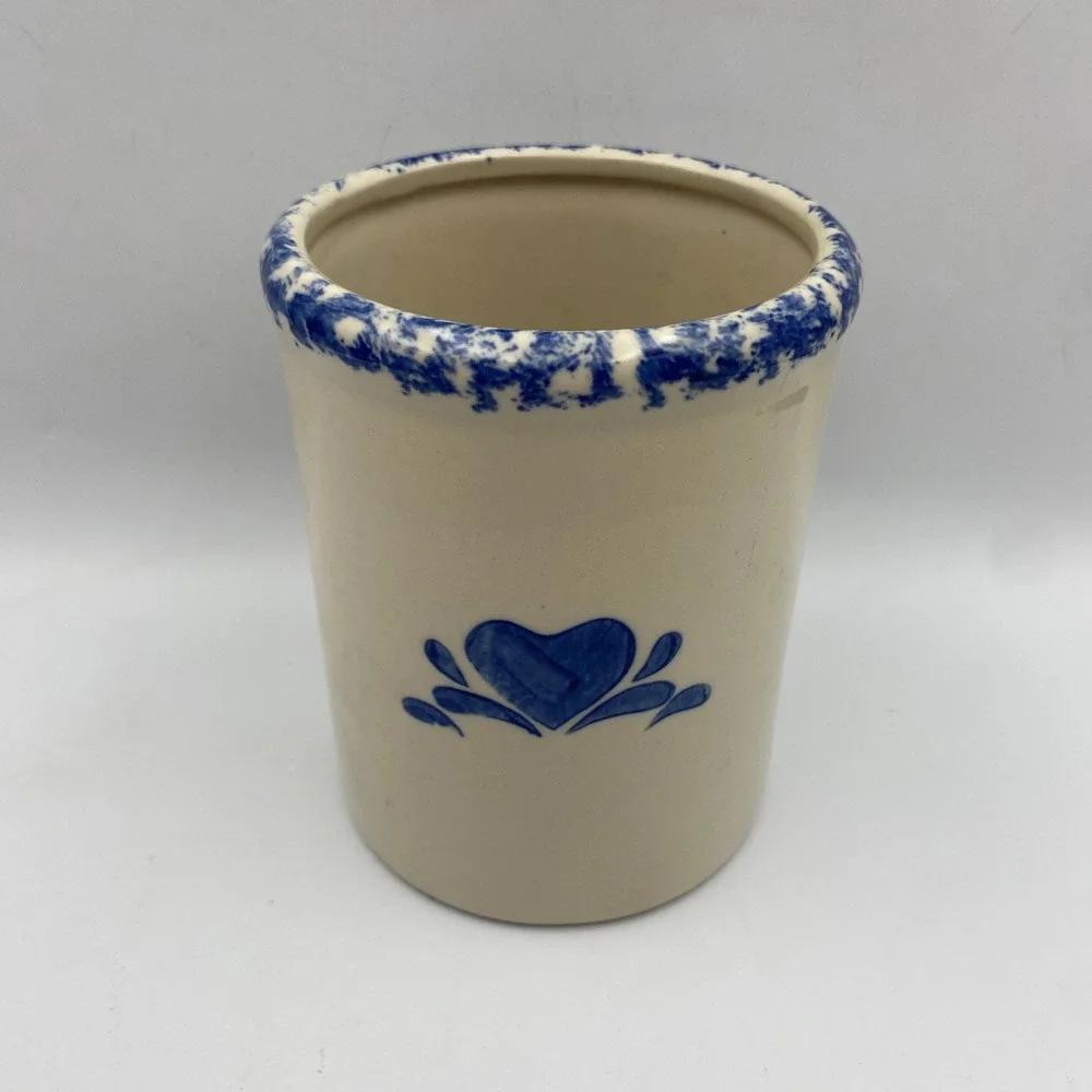 Vintage Blue Heart Stoneware Crock Sponge Rim Farmhouse Utensil Holder 6in
